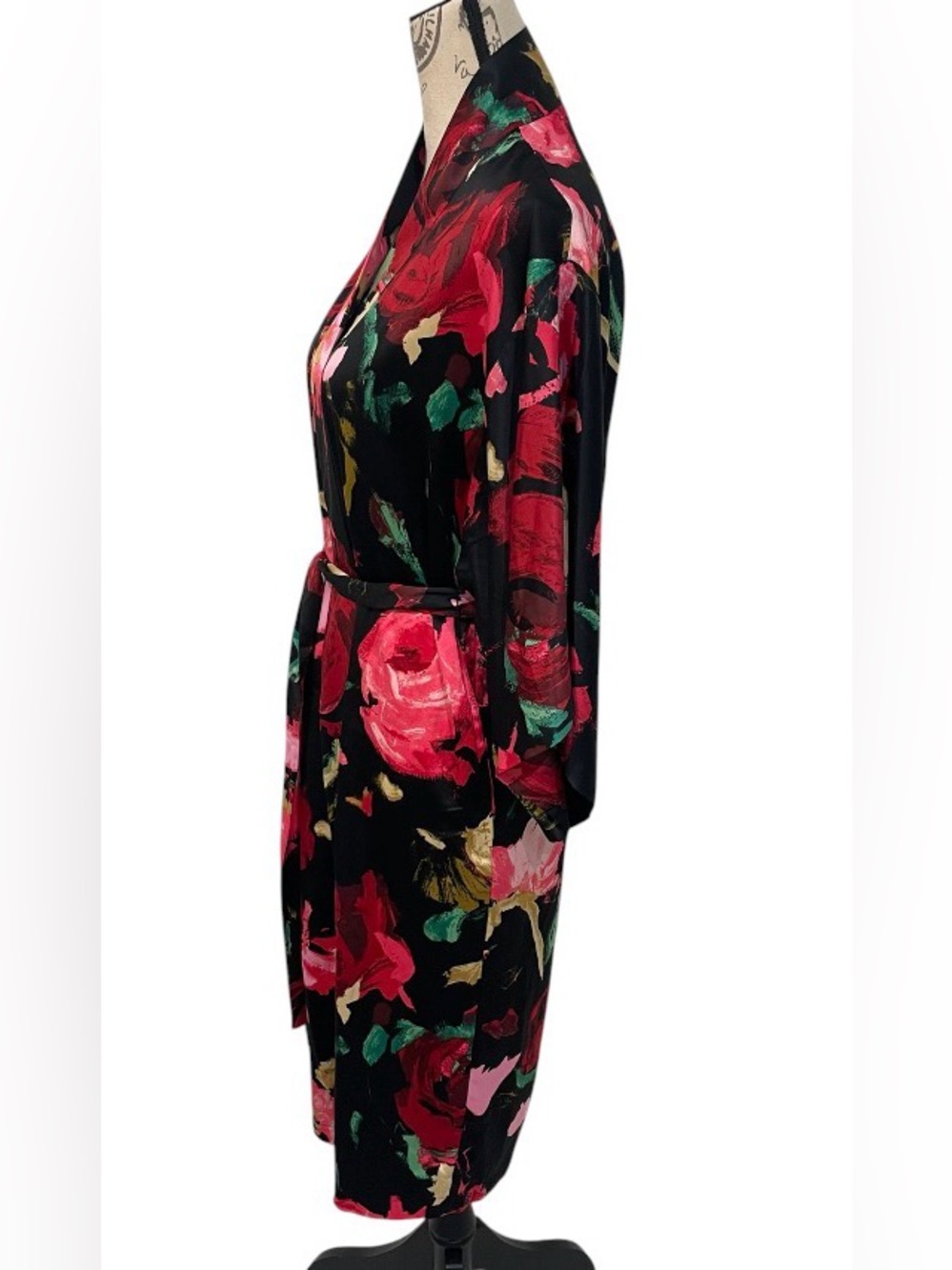 Natori Floral Satin Kimono Robe Black Pink Red Belted Lounge Cover Up Size Small - Picture 3 of 14